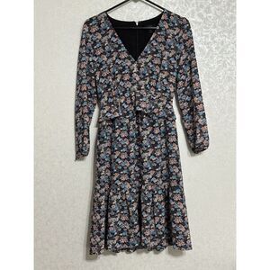 J Crew Black Ruffle Hem / Waist Blue Pink Floral Long Sleeve V-Neck Midi Dress 4